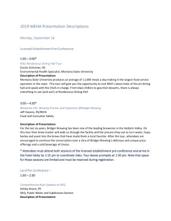 2019 MEHA Presentation Descriptions  Monday, September 16  Licensed Establishment Pre-Conference