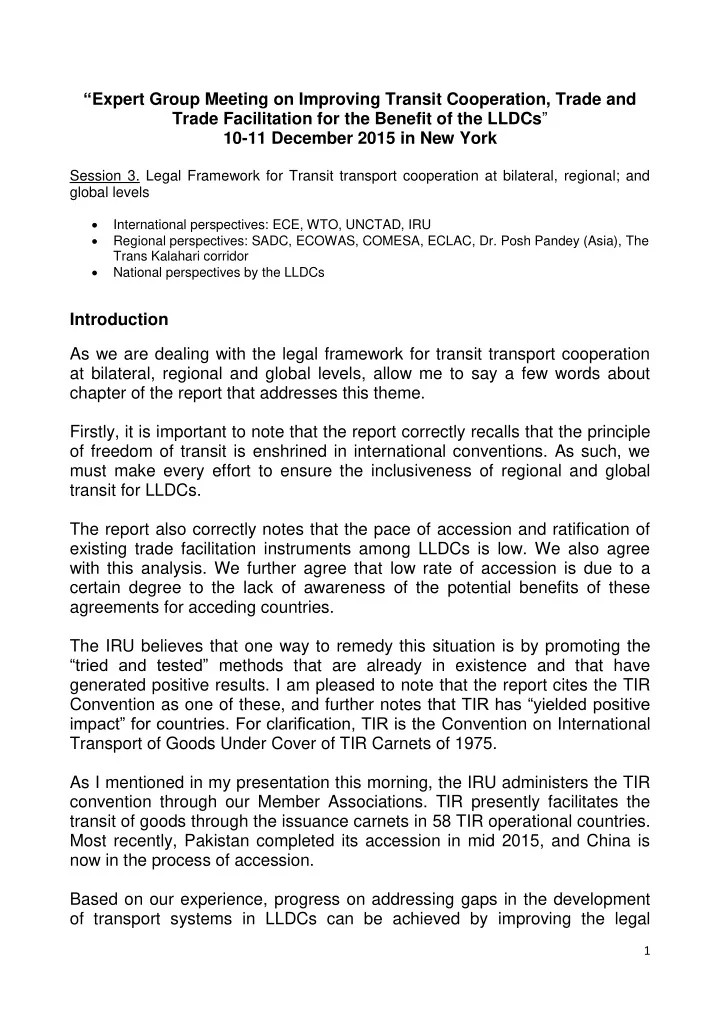 expert group meeting on improving transit cooperation