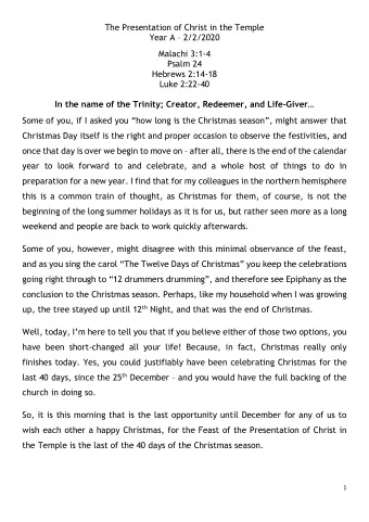 The Presentation of Christ in the Temple Year A  2/2/2020  Malachi 3:1-4  Psalm 24  Hebrews