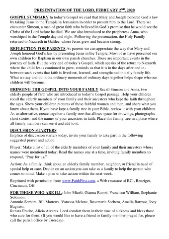 PRESENTATION OF THE LORD, FEBRUARY 2 ND , 2020 GOSPEL SUMMARY In todays Gospel we read that Mary