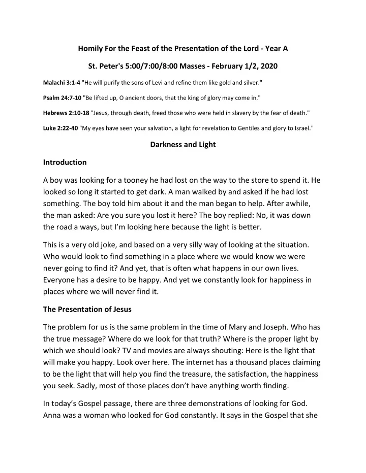 homily for the feast of the presentation of the lord year