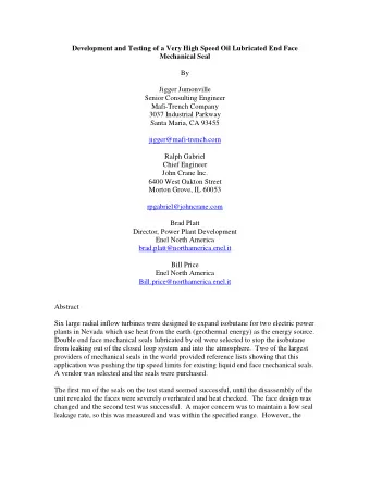 Development and Testing of a Very High Speed Oil Lubricated End Face  Mechanical Seal  By  Jigger