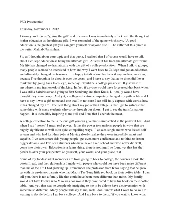 PEO Presentation  Thursday, November 1, 2012  I know your topic is giving the gift and of