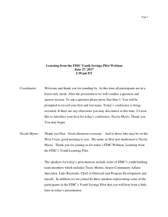 Learning from the FDIC Youth Savings Pilot Webinar  June 27, 2017  2:30 pm ET  Coordinator: