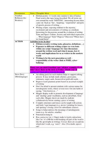 Presentation  Notes / Thoughts/ Ideas  Elfchen poetry: 11 words only (similar to idea of haiku).