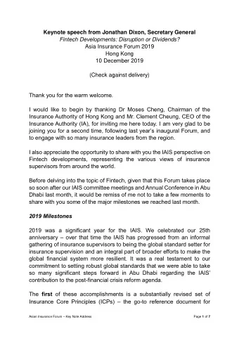 Keynote speech from Jonathan Dixon, Secretary General  Fintech Developments: Disruption or