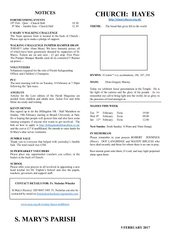 CHURCH:  HAYES  http://stmaryshayes.org.uk/  FORTHCOMING EVENTS 25 th Feb  Quiz  Church Hall