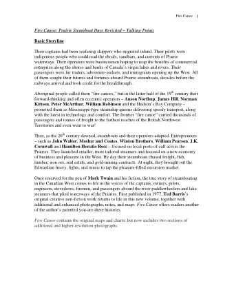 Fire Canoe: Prairie Steamboat Days Revisited  Talking Points  Basic Storyline  Their captains