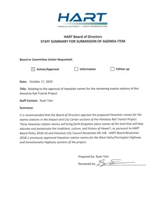 H&quot;f&quot; HONOLULU AUTHORITY fo ,  RAPID TRANSPORTATION  HART Board of Directors  STAFF