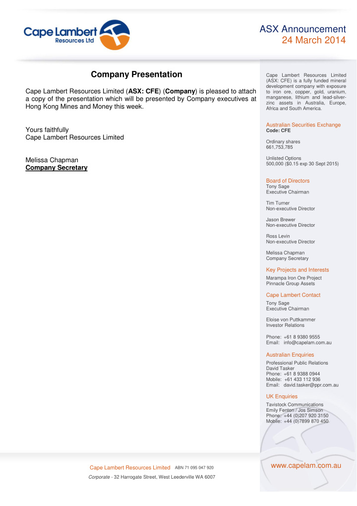 asx announcement 24 march 2014