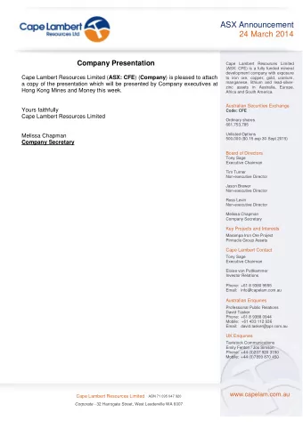ASX Announcement  24 March 2014  Company Presentation  Cape Lambert Resources Limited  (ASX: CFE)