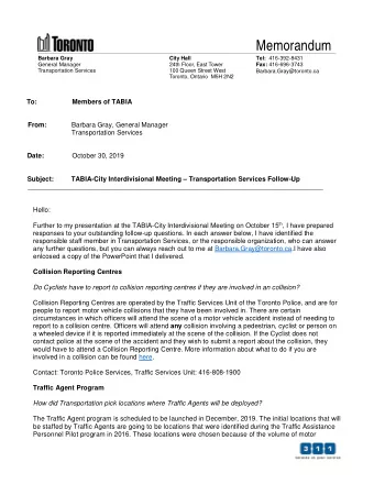 Memorandum Tel: 416-392-8431  Barbara Gray  City Hall  General Manager  24th Floor, East Tower Fax: