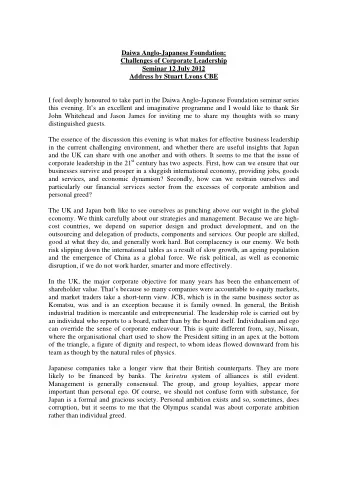 Daiwa Anglo-Japanese Foundation:  Challenges of Corporate Leadership  Seminar 12 July 2012  Address