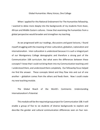 Global Humanities: Many Voices, One College  When I applied for this National Endowment For The