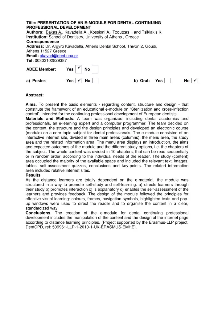 title presentation of an e module for dental continuing