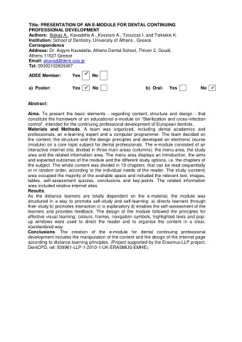 Title: PRESENTATION OF AN E-MODULE FOR DENTAL CONTINUING  PROFESSIONAL DEVELOPMENT Authors: Bakas