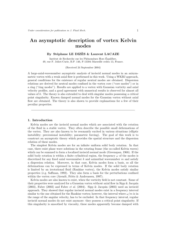 an asymptotic description of vortex kelvin modes