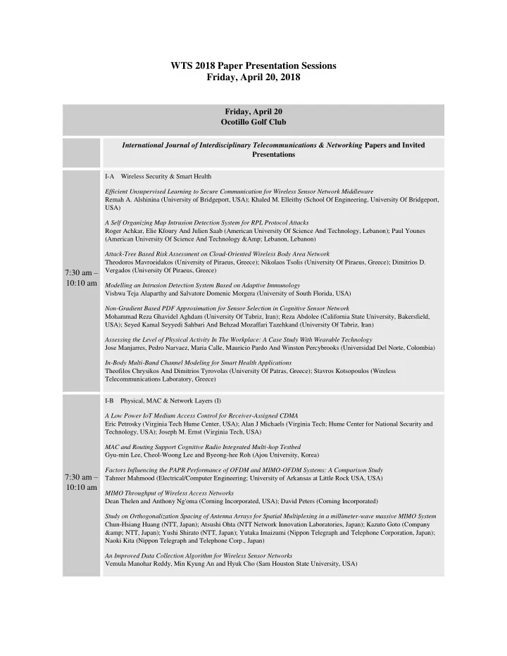wts 2018 paper presentation sessions friday april 20 2018