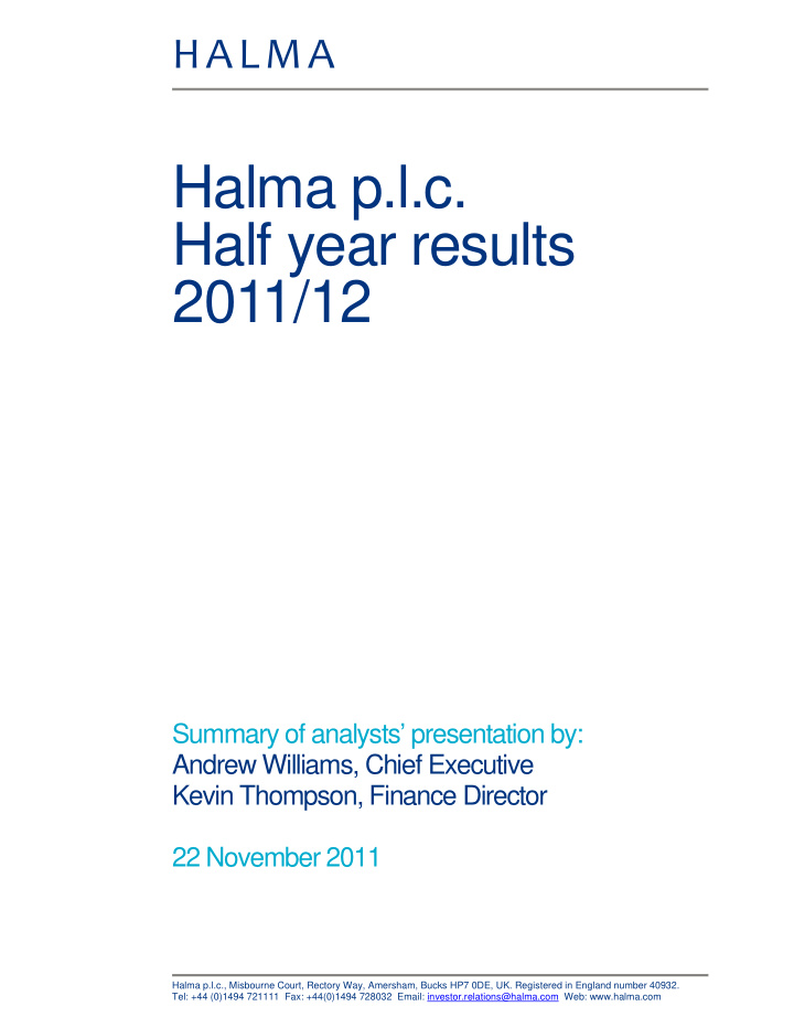 halma p l c half year results 2011 12