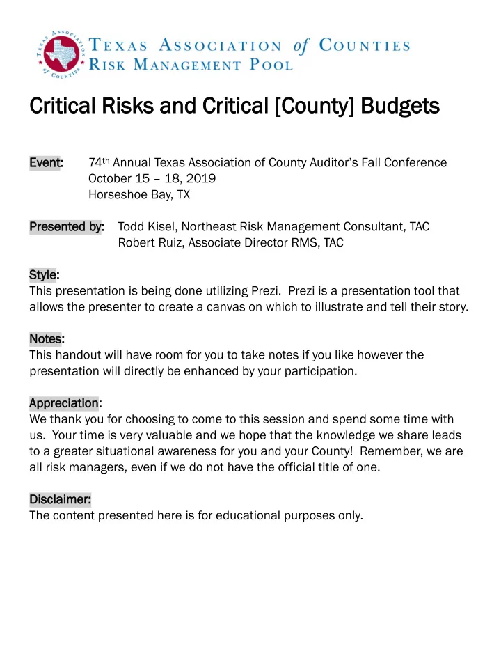 crit itic ical r ris isks an and cr critical co county