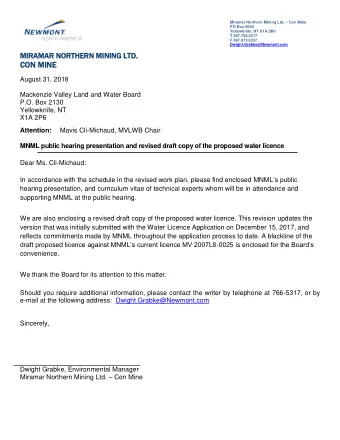CON M  MIN  INE  August 31, 2018  Mackenzie Valley Land and Water Board  P.O. Box 2130