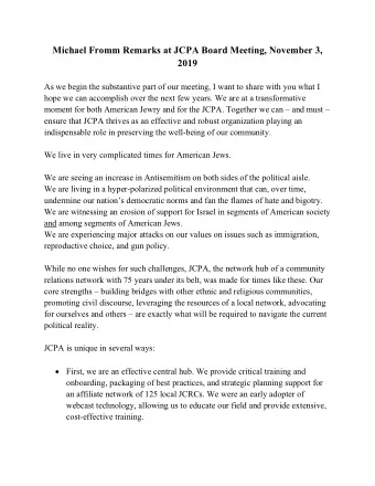 Michael Fromm Remarks at JCPA Board Meeting, November 3,  2019  As we begin the substantive part of