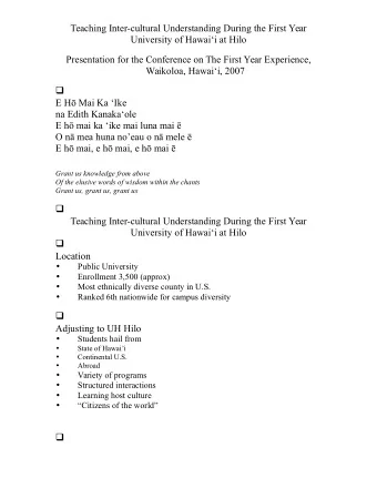 Teaching Inter-cultural Understanding During the First Year  University of Hawaii at Hilo
