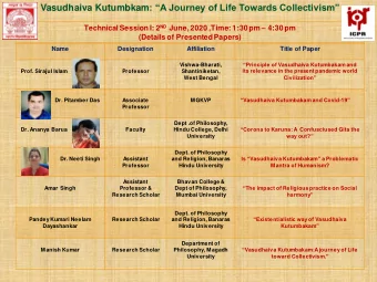 Vasudhaiva Kutumbkam : A Journey of Life Towards Collectivism Technical Session I: 2 ND June,
