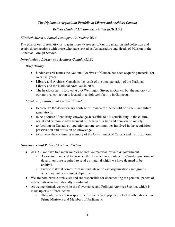 the diplomatic acquisition portfolio at library and