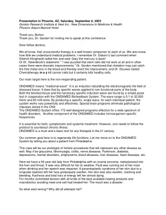 Presentation in Phoenix, AZ, Saturday, September 6, 2003  Gordon Research Institute &amp; Heel