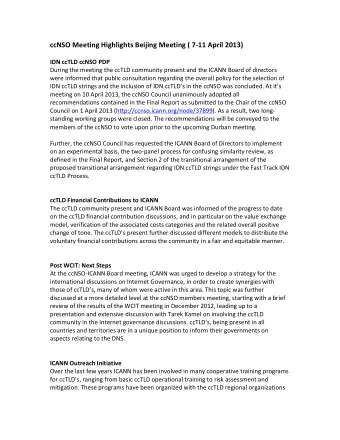 ccNSO  Meeting  Highlights  Beijing  Meeting  (  7-11  April  2013)