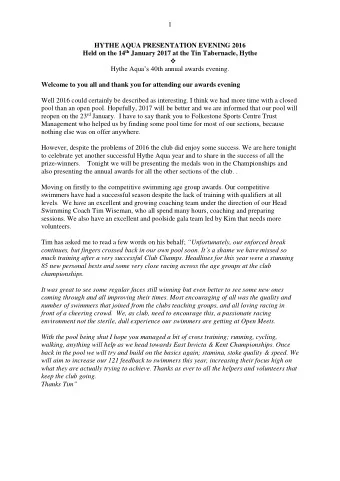 1  HYTHE AQUA PRESENTATION EVENING 2016 Held on the 14 th January 2017 at the Tin Tabernacle, Hythe