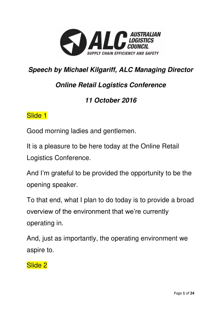 speech by michael kilgariff alc managing director online