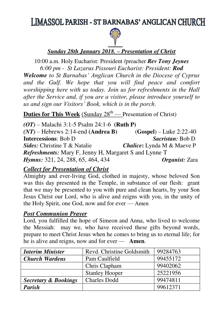 sunday 28th january 2018 presentation of christ 10 00 a m