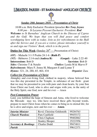 Sunday 28th January 2018.  Presentation of Christ 10:00 a.m. Holy Eucharist: President /preacher