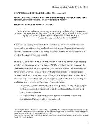 Heritage workshop Nairobi, 27-28 May 2011  OPENING REMARKS BY LOTTE HUGHES (Open University)