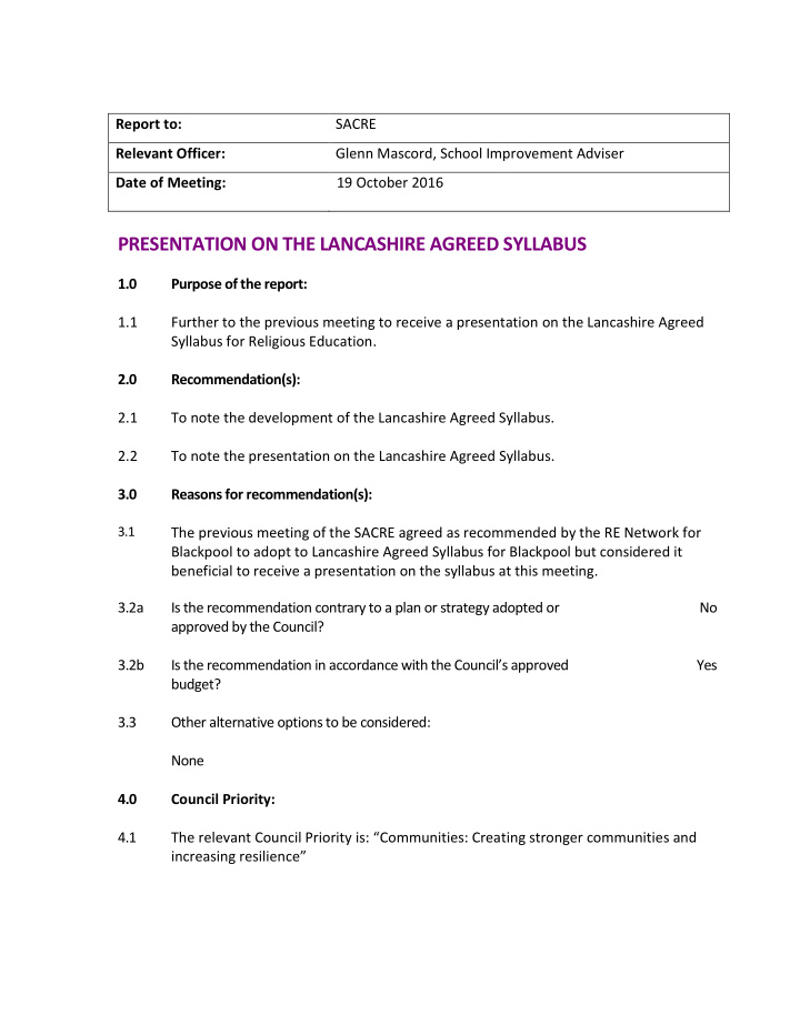 presentation on the lancashire agreed syllabus