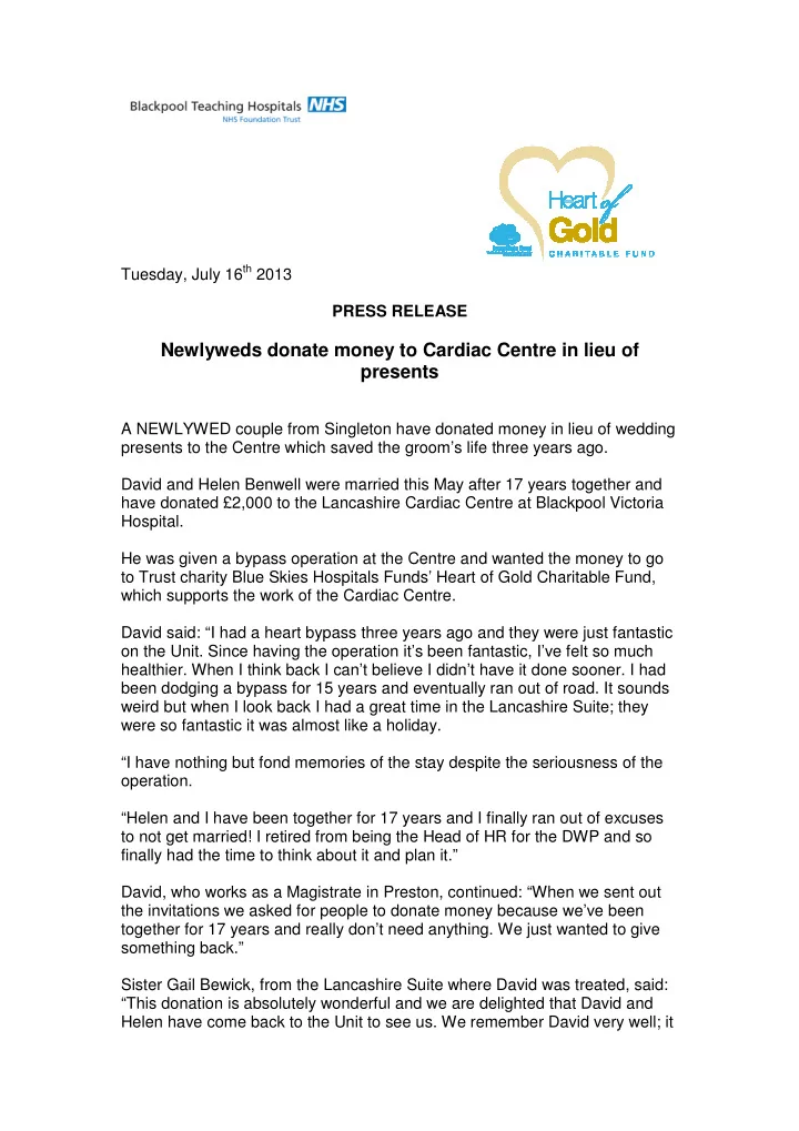 newlyweds donate money to cardiac centre in lieu of
