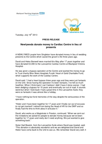 Newlyweds donate money to Cardiac Centre in lieu of  presents  A NEWLYWED couple from Singleton