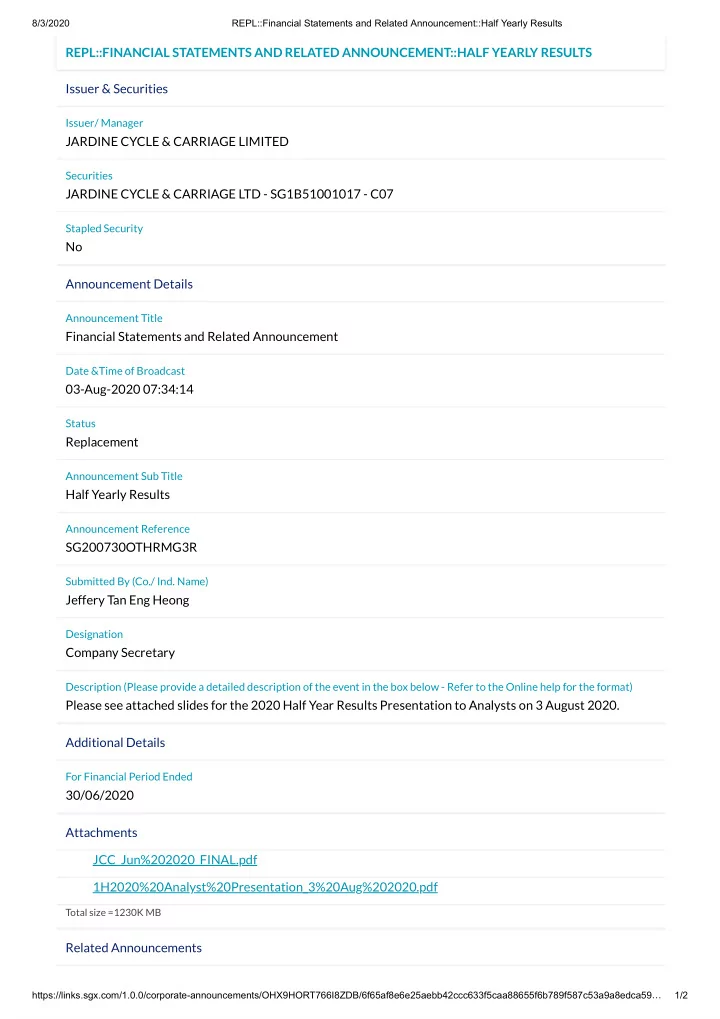 repl financial statements and related announcement half