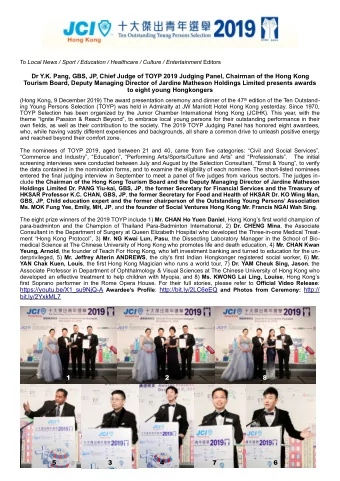 Dr Y.K. Pang, GBS, JP, Chief Judge of TOYP 2019 Judging Panel, Chairman of the Hong Kong  Tourism