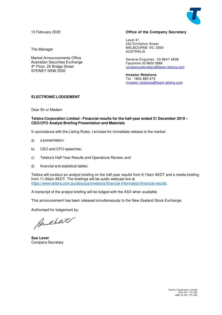 13 february 2020 office of the company secretary level 41