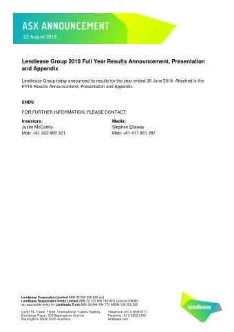 22 August 2018  Lendlease Group 2018 Full Year Results Announcement, Presentation  and Appendix