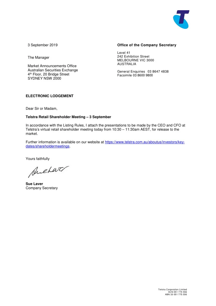 3 september 2019 office of the company secretary level 41