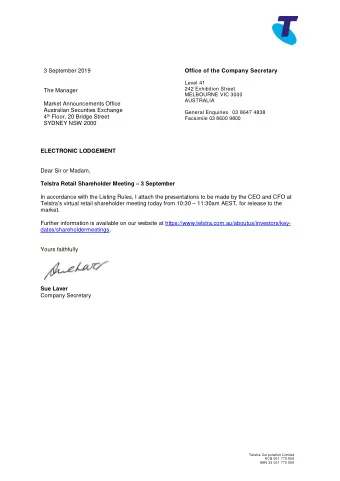3 September 2019 Office of the Company Secretary  Level 41  242 Exhibition Street  The Manager