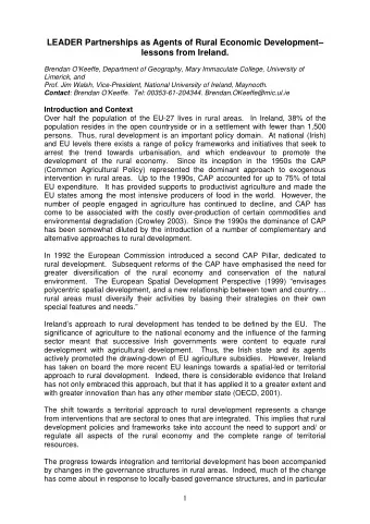 LEADER Partnerships as Agents of Rural Economic Development  lessons from Ireland.  Brendan