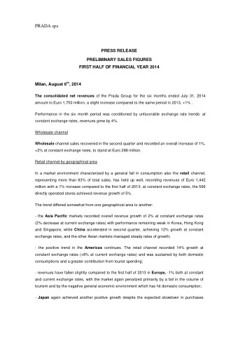 PRADA spa          PRESS RELEASE  PRELIMINARY SALES FIGURES  FIRST HALF OF FINANCIAL