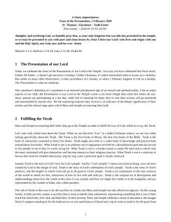 1  The Presentation of our Lord  Today we celebrate the Feast of the Presentation of our Lord at