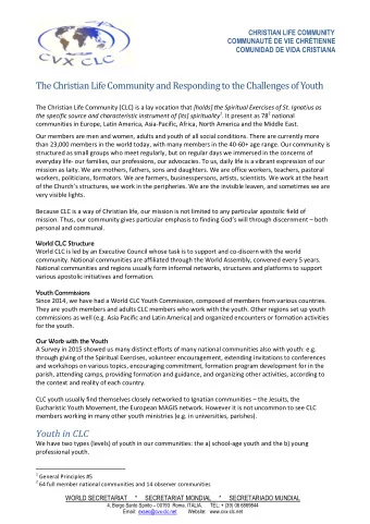 The Christian Life Community and Responding to the Challenges of Youth The Christian Life Community