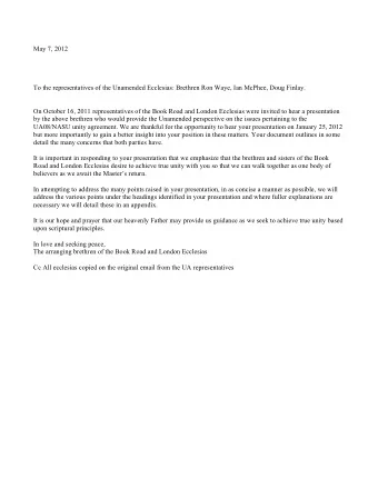 May 7, 2012  To the representatives of the Unamended Ecclesias: Brethren Ron Waye, Ian McPhee, Doug